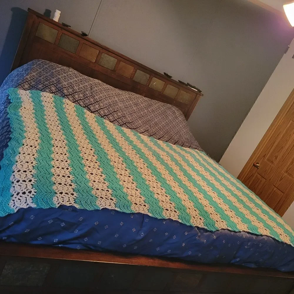 Vintage Afghan Crochet Handmade Teal & White Knit Blanket Throw